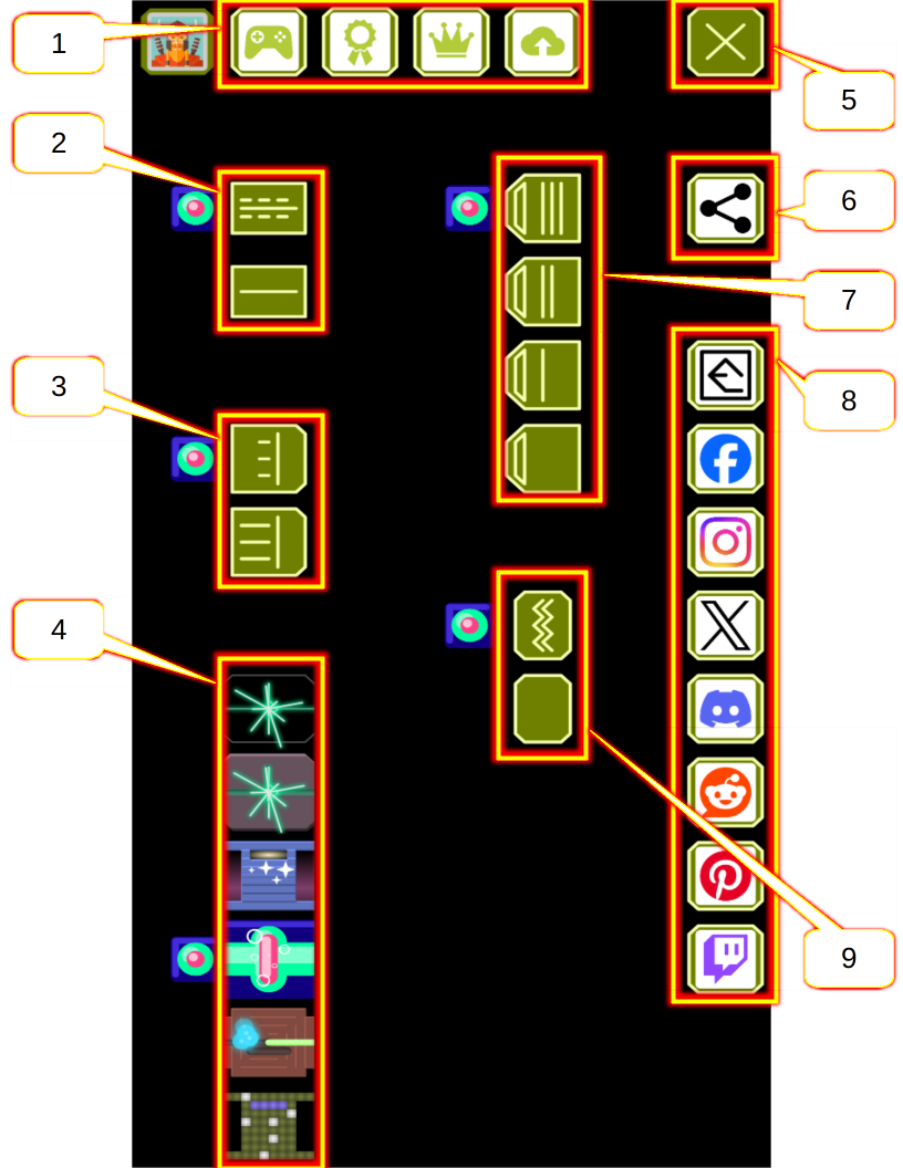 options screen with sections called out