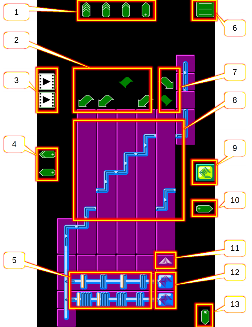 game screen with sections called out